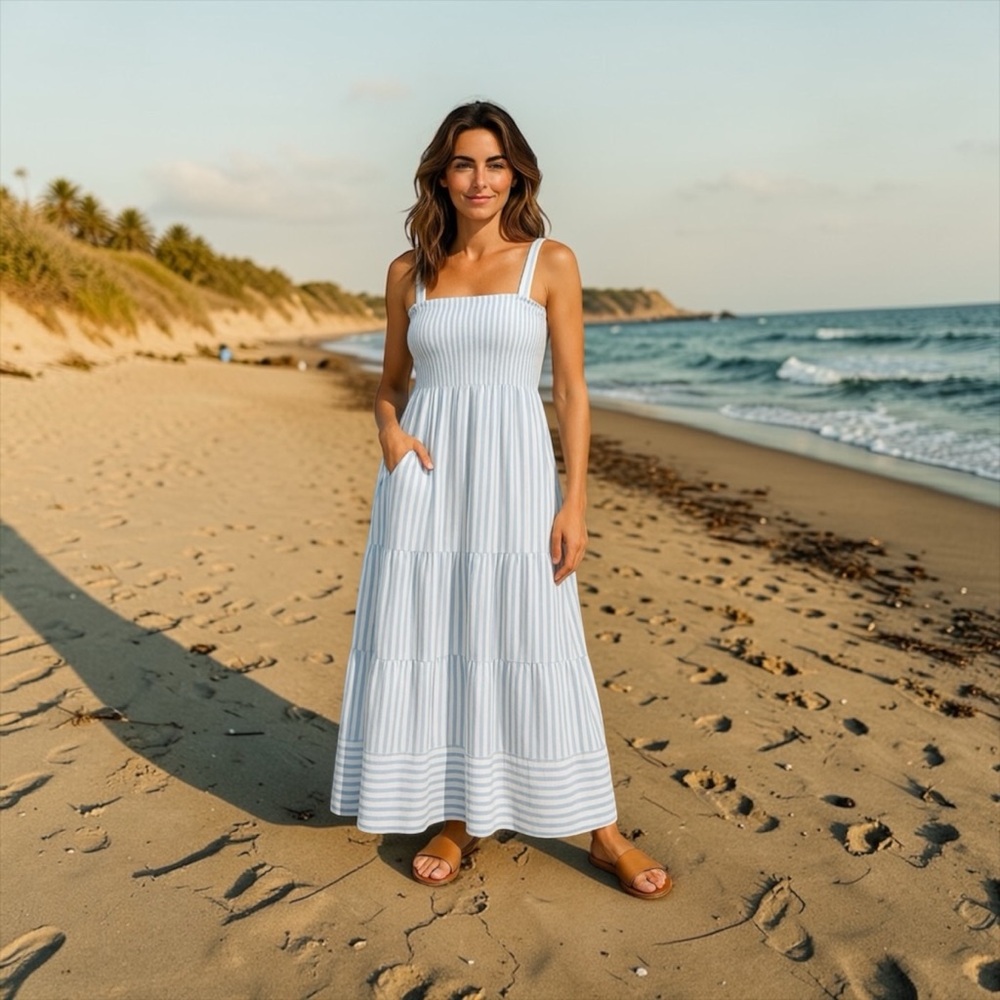 NWOT Raviya Women’s Smocked Striped Coverup Maxi Dress Beach Vacation Resort